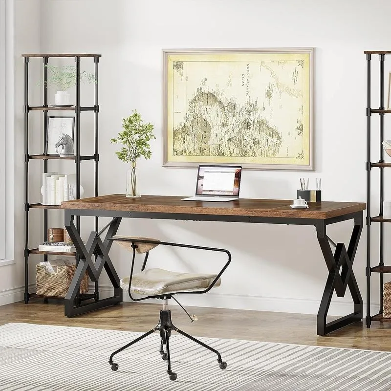 63 Inch Executive Desk, Large Office Computer Desk with Extra Thick Wooden Tabletop and Metal Frame, Modern Simple Workstation