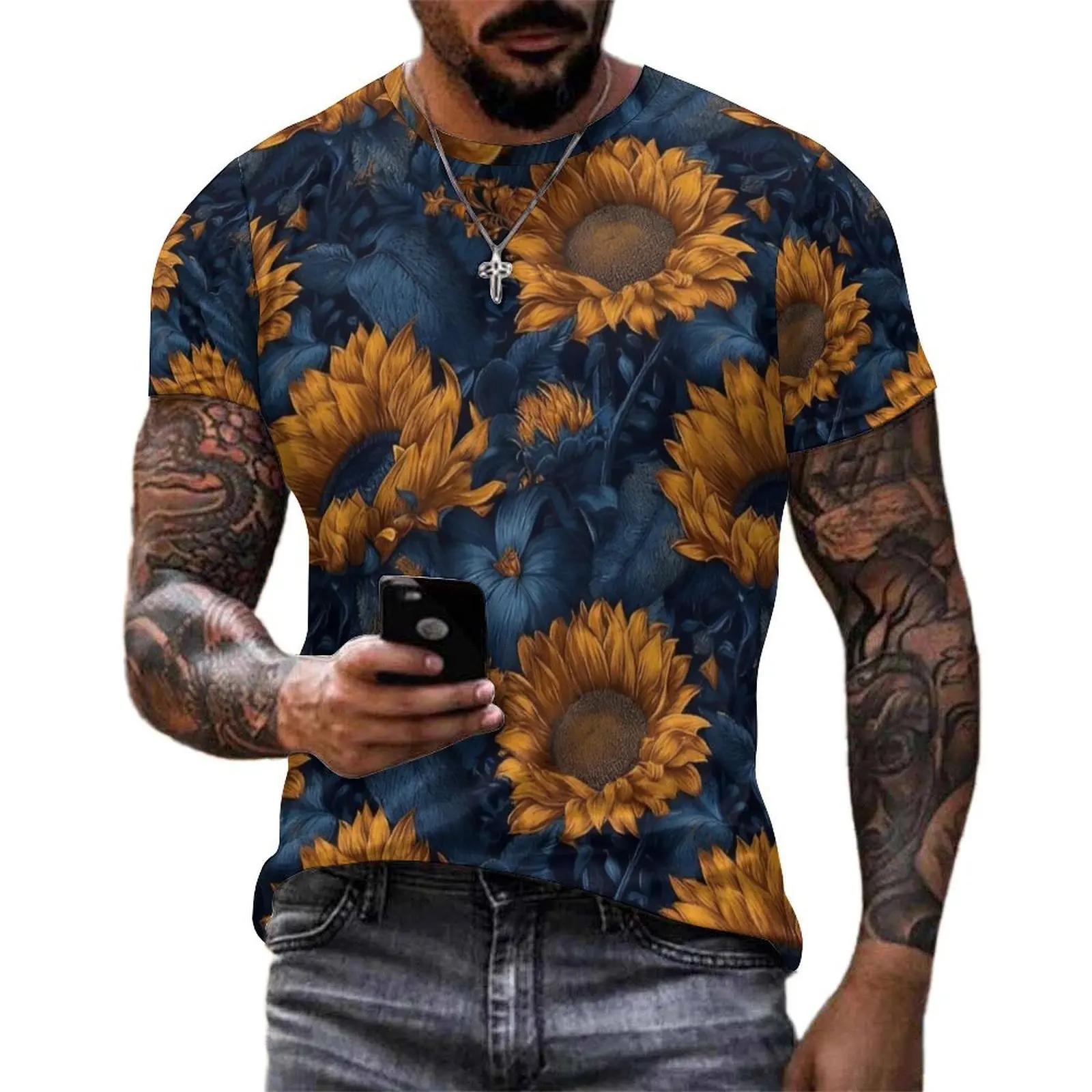 Premium T-Shirt Wild Sunflower Retro Flower Floral T-Shirts  Streetwear Trending Tee Shirt Men Short-Sleeve Plus Size Clothing