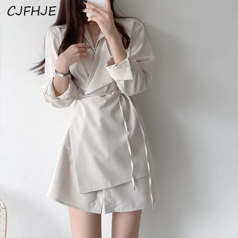 CJFHJE Fashion Elegant Women's Flip Collar Single Breasted Lace Up Dress Korean Classic Irregular Solid Color Women A-line Dress