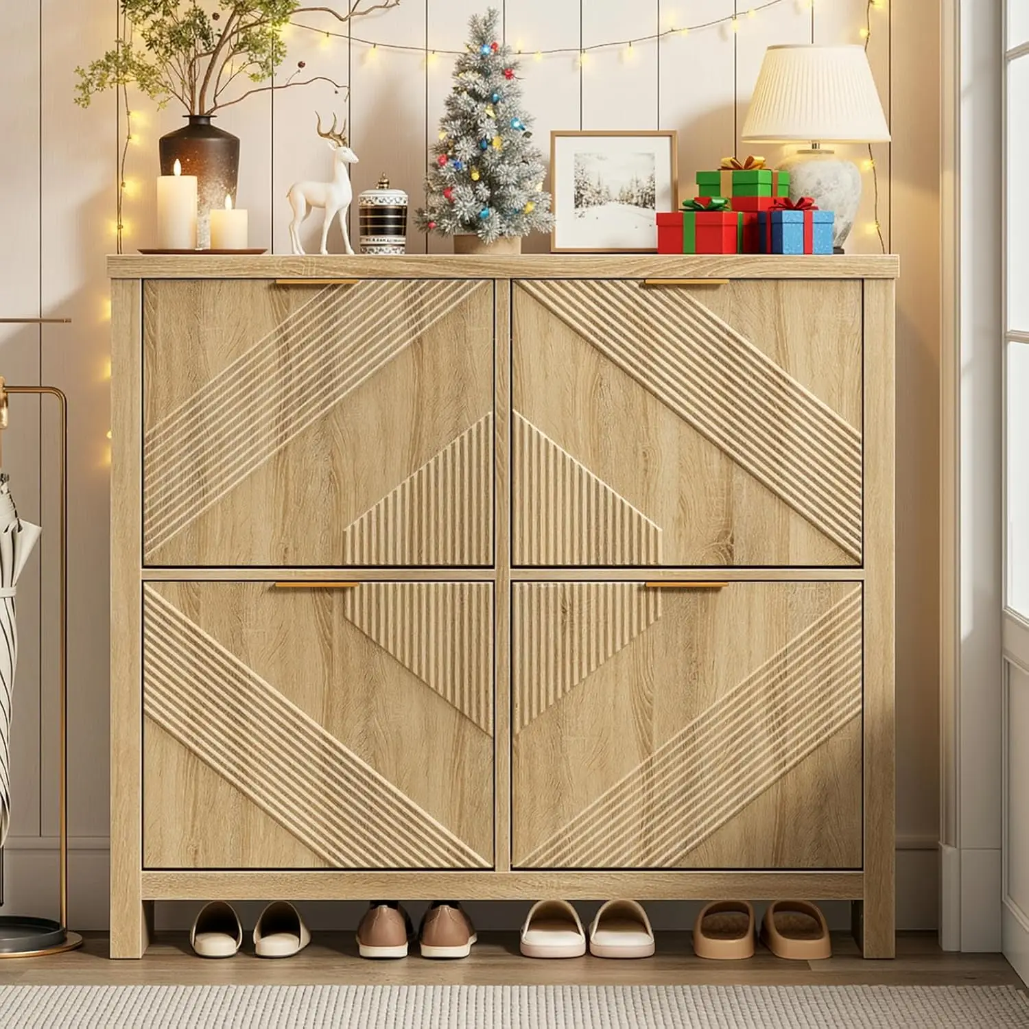 Shoe Cabinet with 4 Flip Drawers, Narrow Shoe Organizer with Symmetric Groove Pattern, Freestanding Wood Hidden, Customized