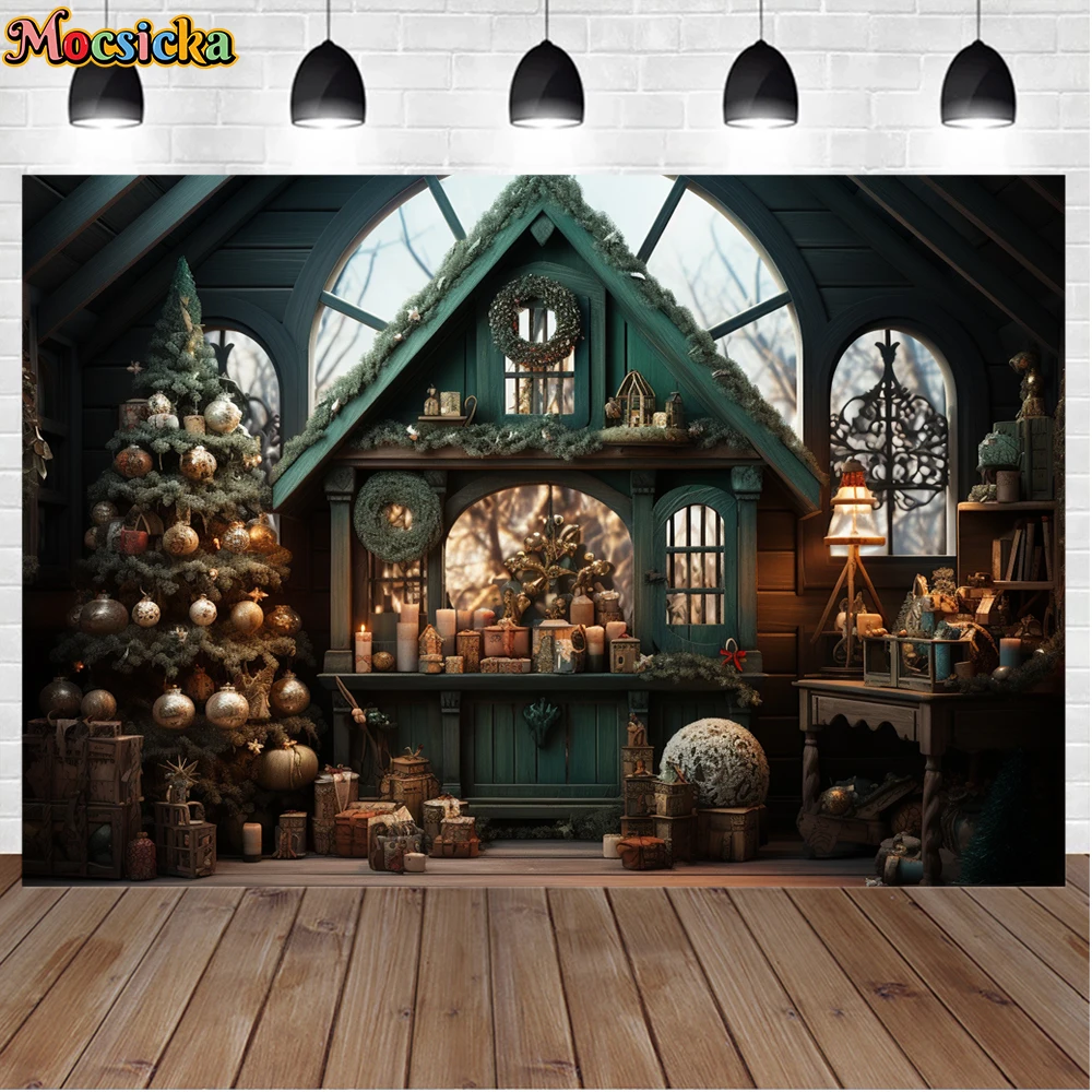 모시카 겨울 크리스마스 사진 배경, 크리스마스 트리 다락방, 홀리데이 파티, 어린이 가족 초상화 사진 배경 스튜디오