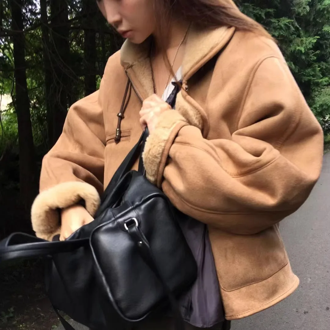 الشتاء فرو الضأن الجلد المدبوغ دراجة نارية Jaet سستة طوق معطف المرأة فضفاضة تناسب طويلة Sve الرجعية Sle الداخلية eep المخملية #4