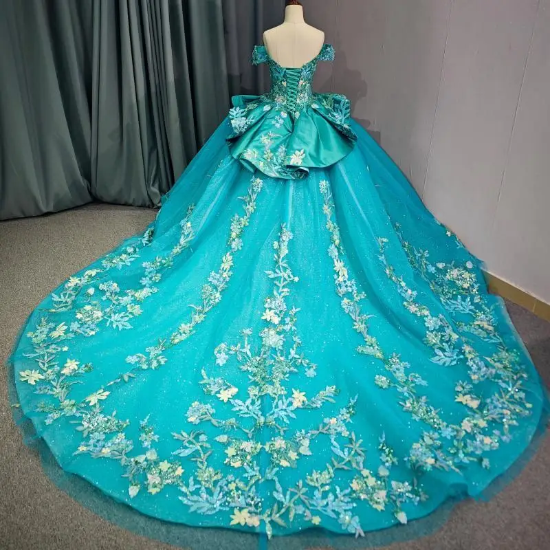 맞춤형 반짝이는 검은 녹색 v 넥 Quinceanera 드레스 스팽글 아플리케 Tull trailing vestidos de 15 Quinceanera ﻿