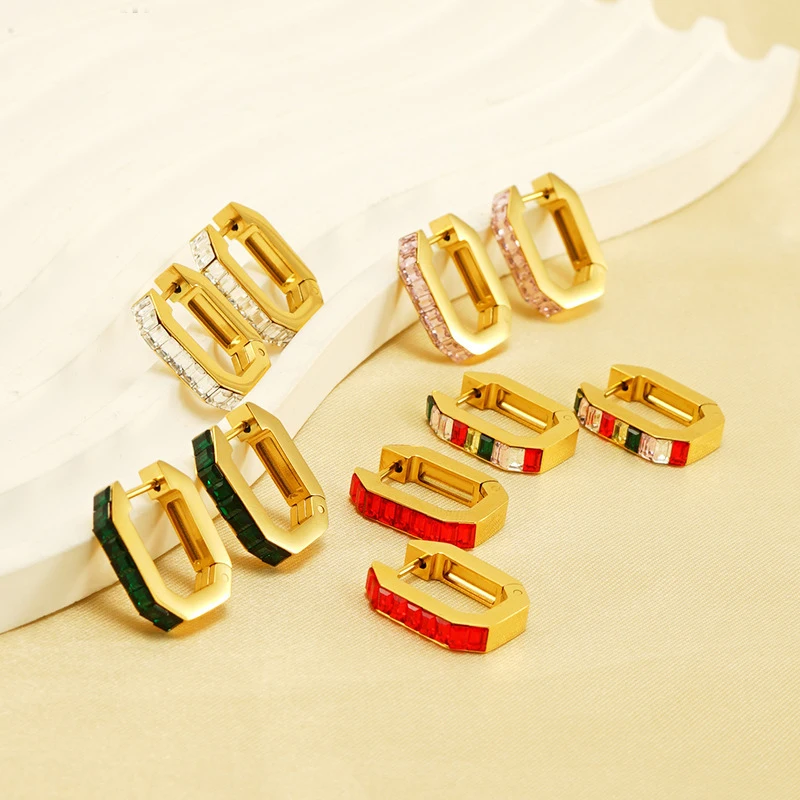 

10Pcs Fashion Simple Stainless Steel Gold Plated Square Cubic Zirconia U-shape Hoop Earrings for Women