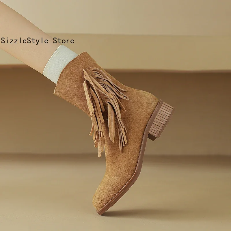

Fashion Round Toe Solid Color Frosted Leather Side Zipper Tassel Decoration Comfortable Thick Heel Ladies Boots