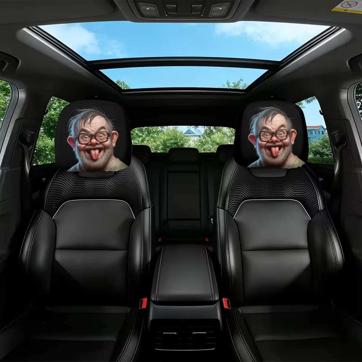 2pcs of Quirky Cartoon Uncle-Themed Printed Car Headrest Covers, Easy to Install And Wash, Designed for Daily Commuting And Ro