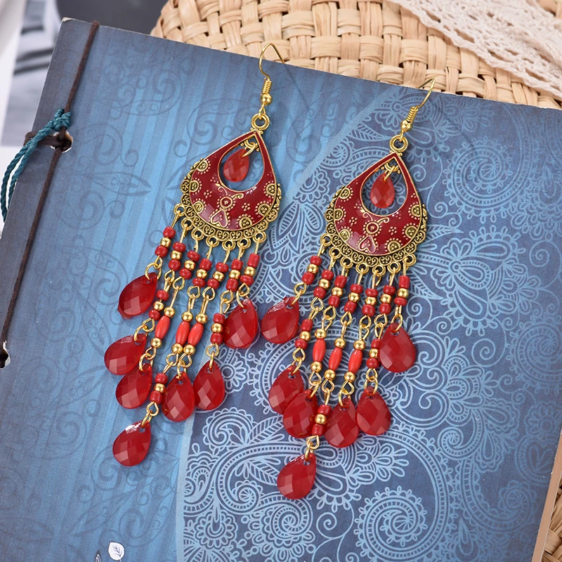Ethnische Lange Acryl Wasser Tropfen Ohrringe für Frauen Retro Boho Gold Farbe Hohl Quaste Ohrringe Bijoux Femme Zubehör – Detail 22