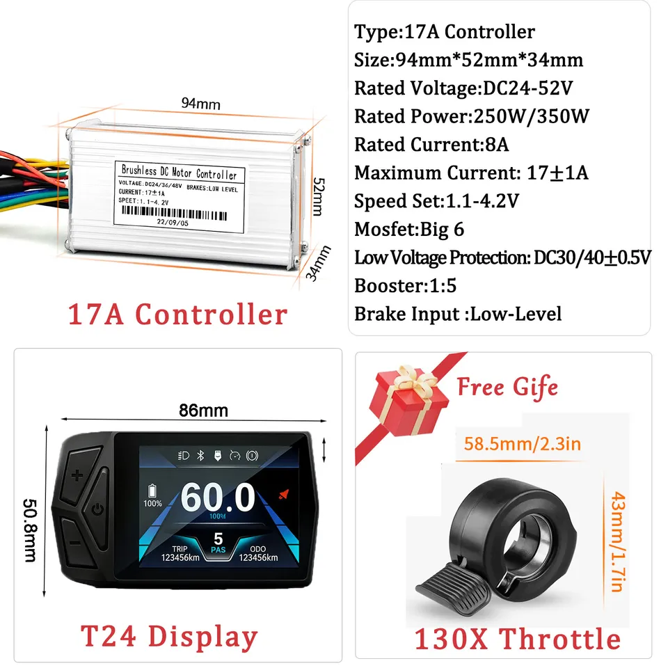 Ebike 24V/36V/48V/52V learning function sine wave controller and T24 display combination suitable for 350W-5000W motors image 6