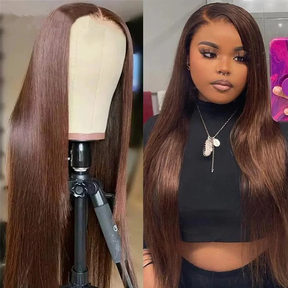 

Bone Straight #4 Chocolate Brown 13x4 Lace Frontal Wigs Human Hair 220%Transparent HD 13x6 Lace Frontal Wig for Women Preplucked