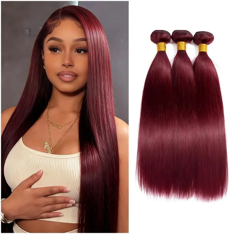 

Наборы прямых натуральных волос 99J Burgundy, необработанные бразильские волосы Remy, красные, 1/3 пучка, 28-30 дюймов, для женщин
