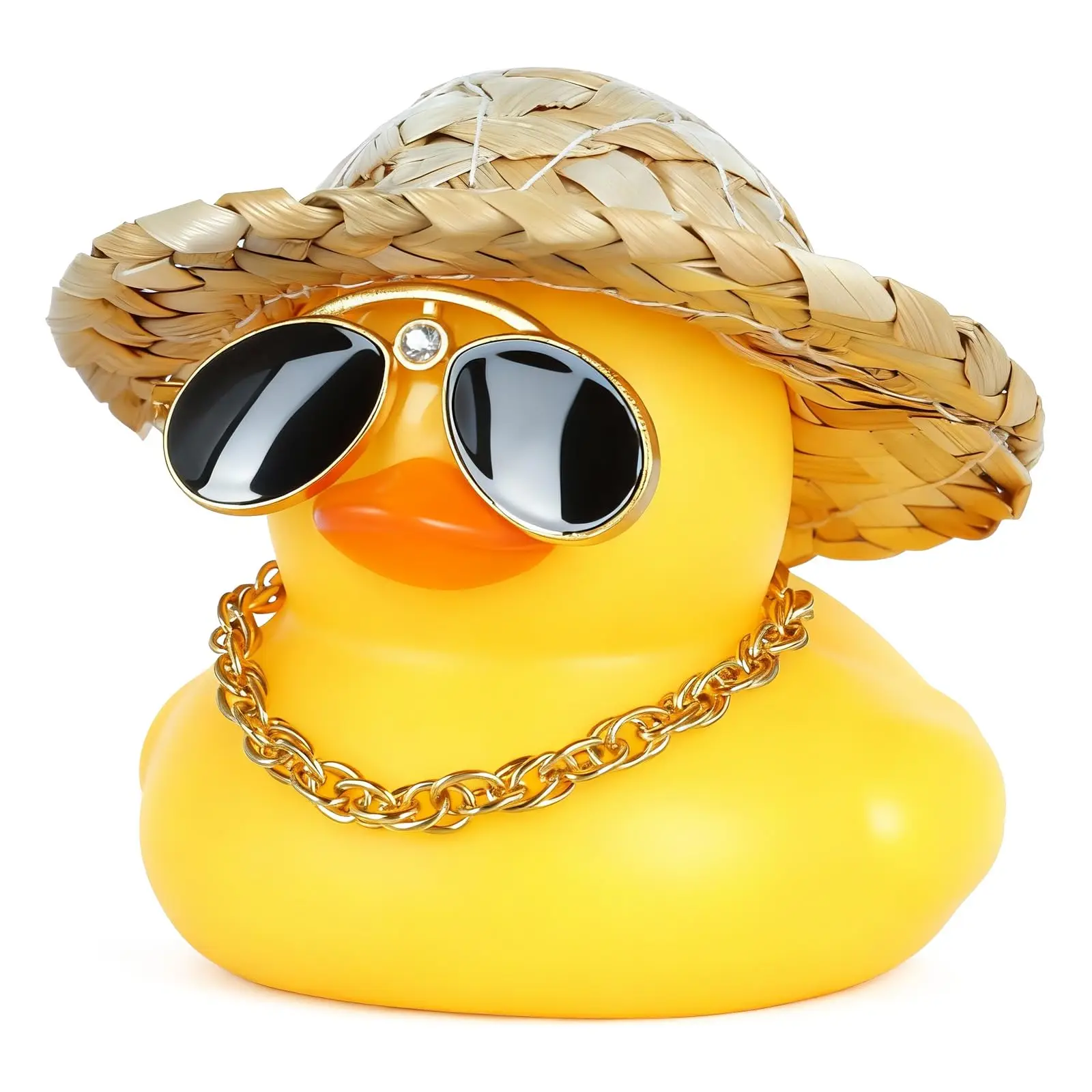 Rubber Duck Car Decor with Straw Hat, Gold Sunglasses, Necklace,Squeaky Dashboard Accessories, Decor Duck for Car