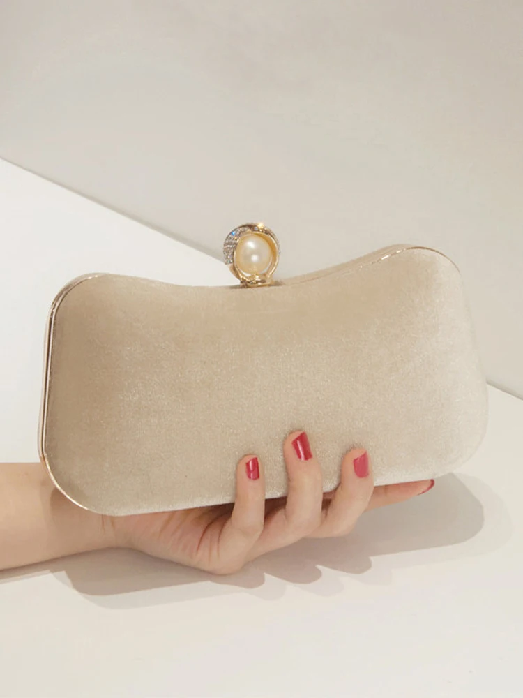 Granatowa torebka imprezowa damska, welurowa, z perłowym zapięciem, luksusowa torebka kopertówka od projektanta, słynna torebka crossbody dla kobiet, flanelowy portfel. — zdjęcie 2