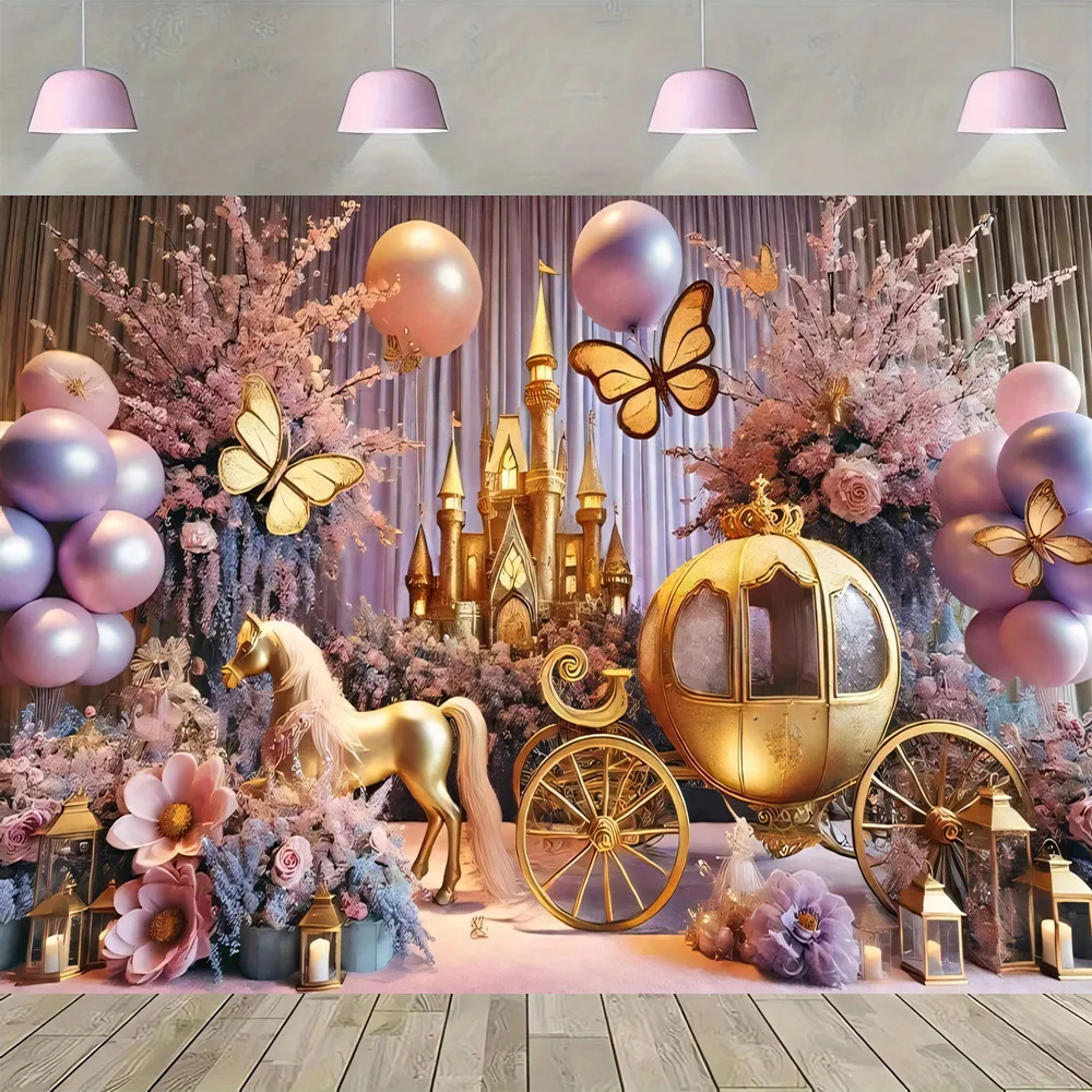 

Magical Fairy Tale Background Banner - Golden Carriage & Butterfly Wall Decor - Perfect for Holiday Gifts, Party Decorations