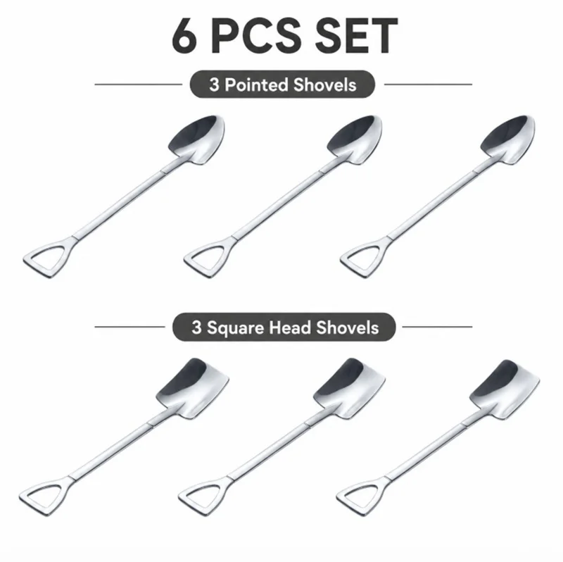 6 Piece Stainless Steel Shovel Teaspoons Coffee Dessert Ice Cream Spoons
