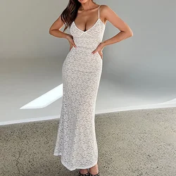 Sexy Solid Lace See Through Women Sling Dresses Fashion Sleeveless Backless Maxi Prom 2023 Summer Party Club Femme Vestidos