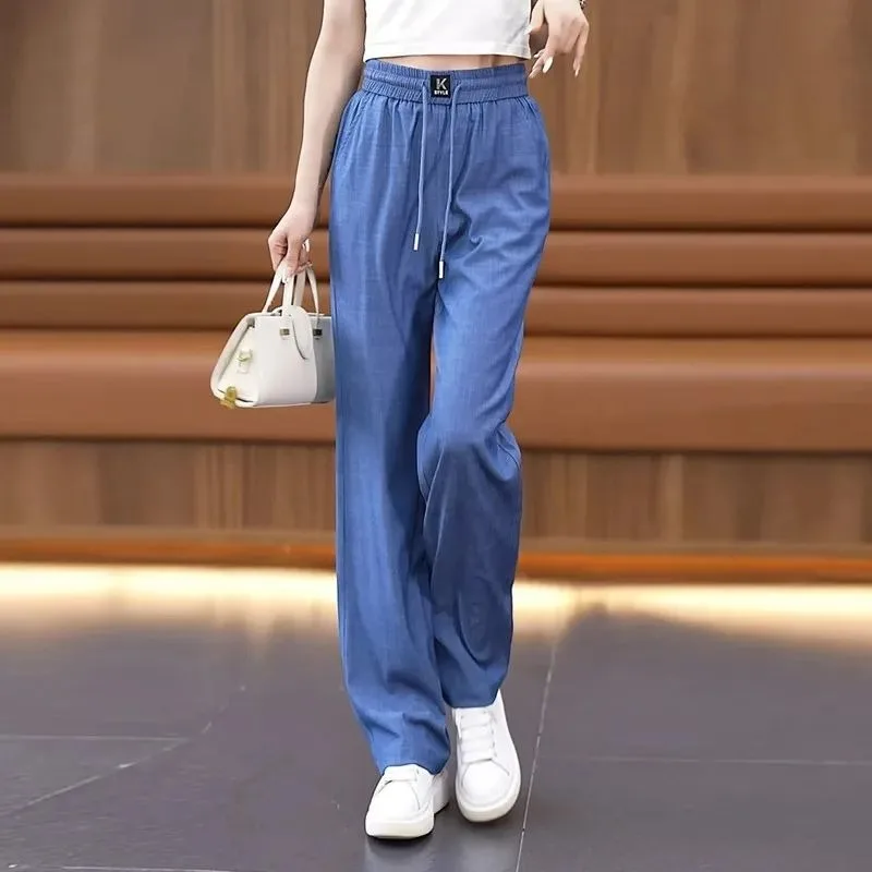 New Women Summer Ice Silk Wide-Leg Pants Thin Loose Straight Pants for Women Slim Fit Sports Pants Students Casual Style  Middle