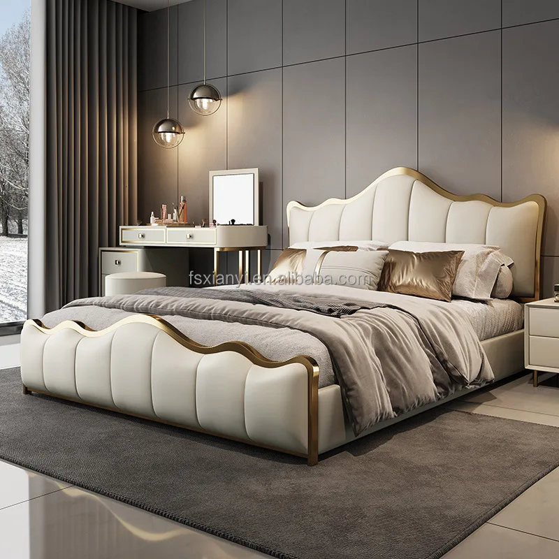 

Italian Modern King Size Bedroom Set with Gold Stainless Steel Frame Soft Cowhide Leather Double Master Bed for Hotels