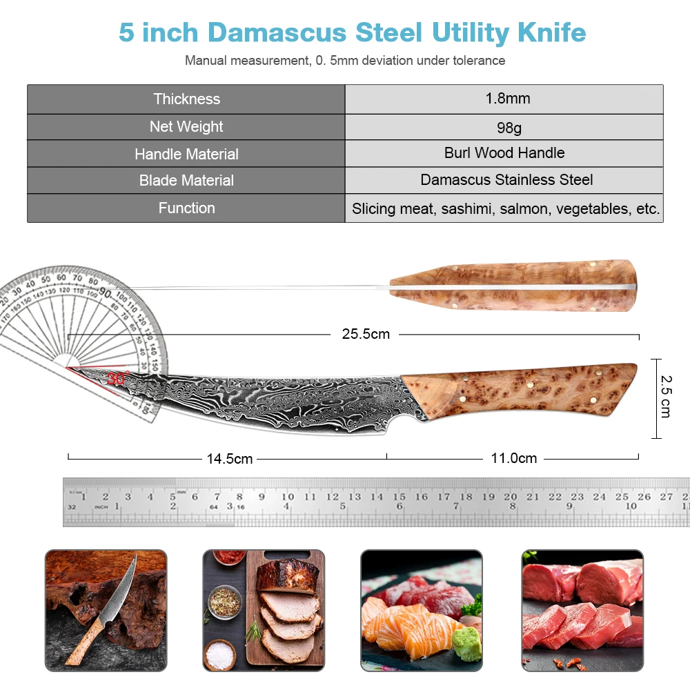 XITUO Damascus Steel Japanese Utility Knife, Handmade Curved Edge Full Tang Pakkawood Handle, High Hardness Sharp Kitchen Knife