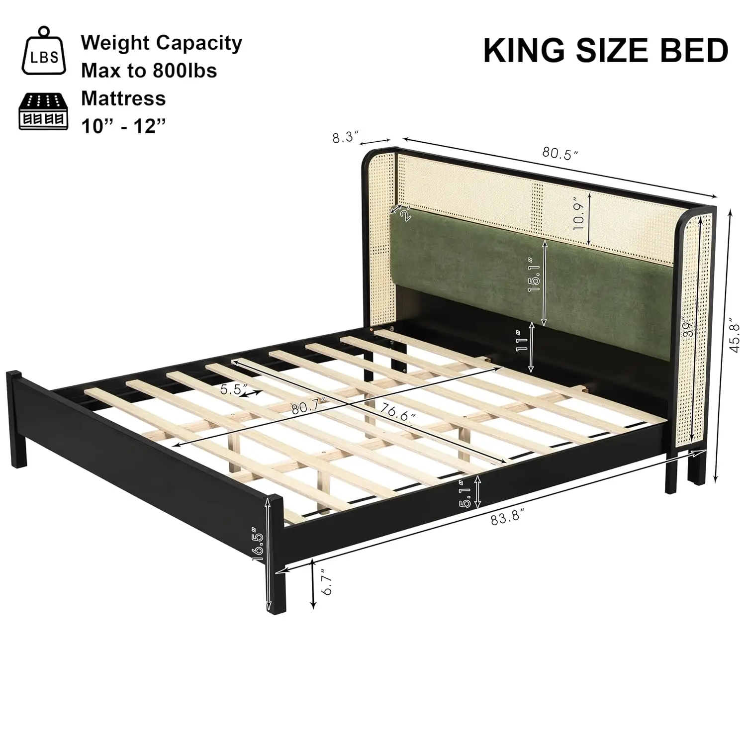 Solid Wood Platform Bed King Rattan Headboard High Wingback No Box Spring Black Green, Customized