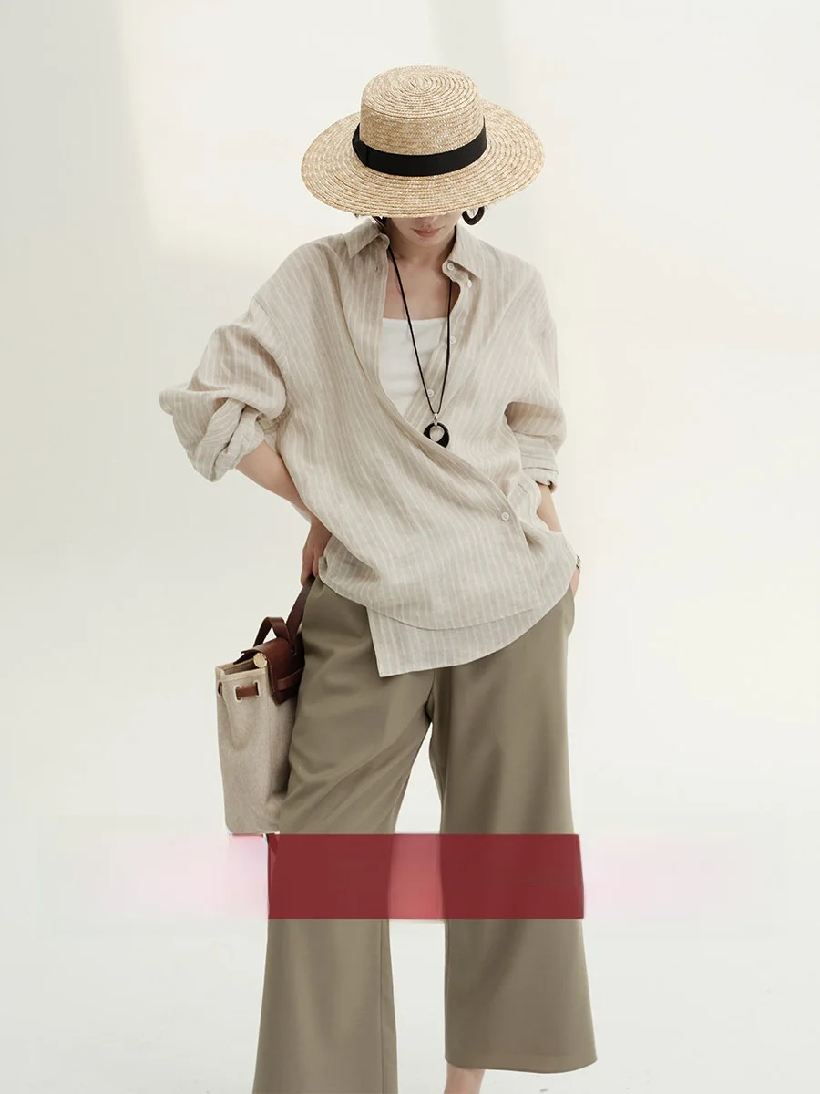 

Рубашка Amyy Studios из двухниточного льняного материала JIN с ткаными полосками, длинными рукавами, двусторонним ношением, диагональной застежкой на пуговицах, для повседневной носки, свободного кроя.