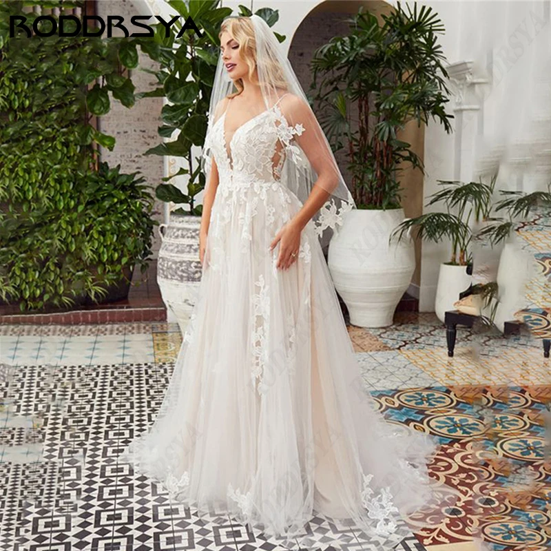 

RODDRSYA Princess Wedding Dresses For Women Romantic V-Neck Backless Robe De Mariée Sexy Spaghetti Straps Tulle Bride Party