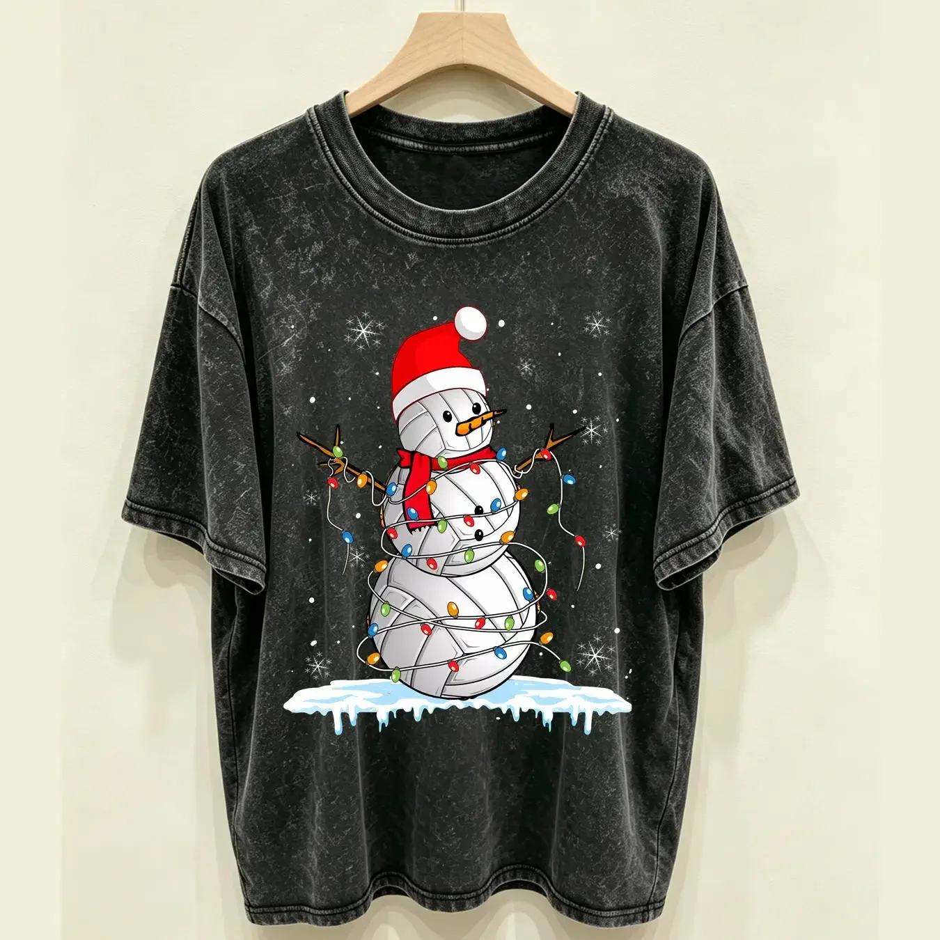 washed T Shirt Christmas Volleyball Snowman Santa Xmas Lights S 5XL vintage Washed Unisex Comfortable Slightly streetwear
