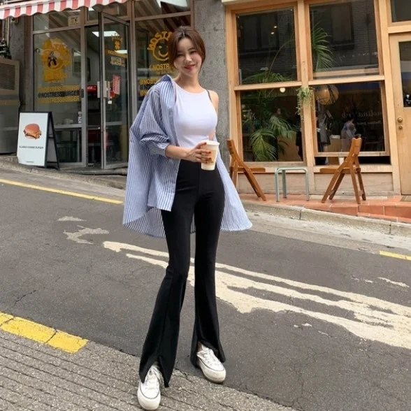 Taille haute élastique coupe ajustée pantalons longs pantalon tricoté décontracté taille haute jambe fendue pantalon Long décontracté femme Faion