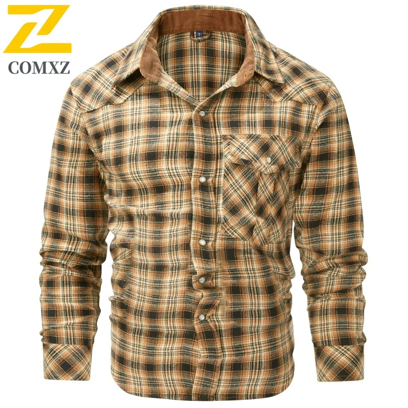 Fashion Jacket Men's Spring Autumn Casual Classic Plaid Button Long Sleeve Top Multi-pocket Business Casual Flannel Shirt Coat