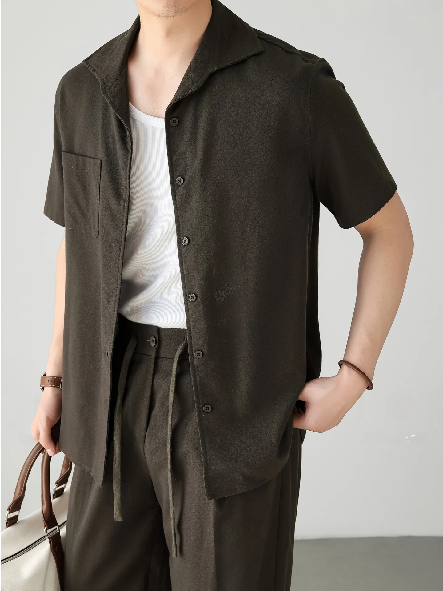Natural Cotton Linen Blend Cool Feeling Breathable Short Sleeve Men's Casual Cuban Collar Shirt Summer Fashion Urban Style