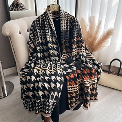 Two-sided Houndstooth Tassel Scarf Mature pashmina Cashmere Warm Shawl Autumn Winter Office Coldproof Windproof Wrapped Scarf