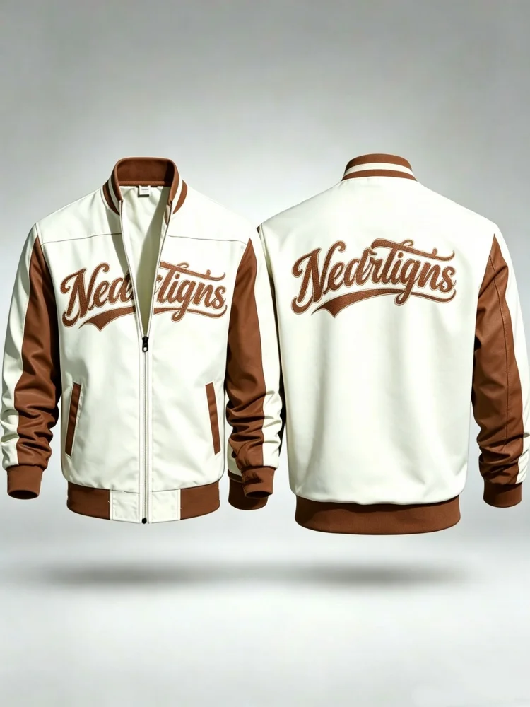 Slim Fit Men Zip Up Stand Collar Jacket Classic Retro Script Letter Varsity Style Bomber Coat With Pockets