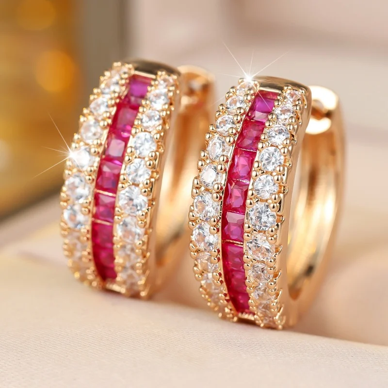 2026 New Elegant Red Zircon Interwoven Earrings for Women with Dense Color Diamond Arc Vintage Style Versatile Jewelry