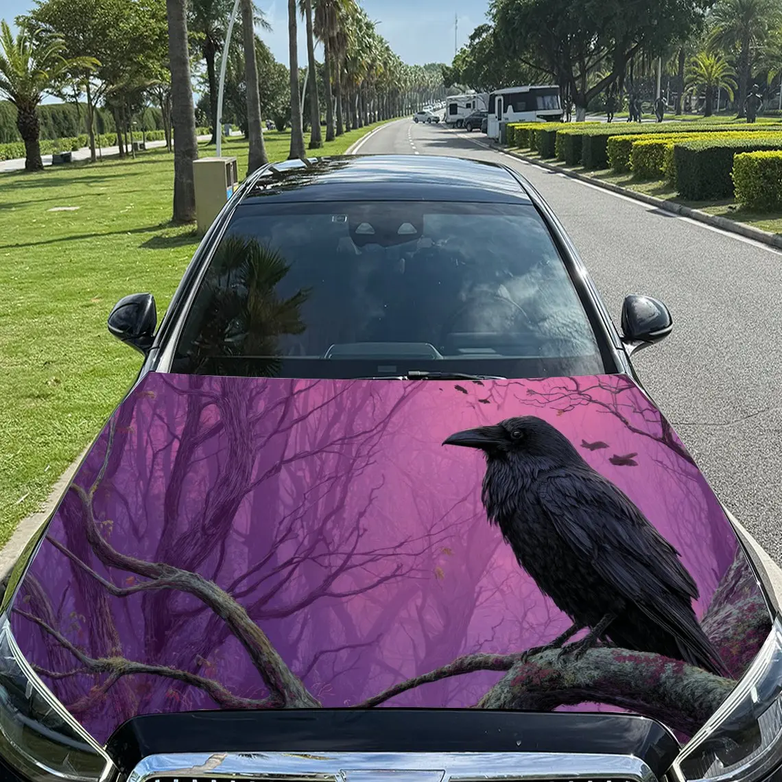 

Dark Purple Forest Raven Pattern car hood stickers, waterproof self-adhesive, scratch resistant, easy to stick, durable car PVC