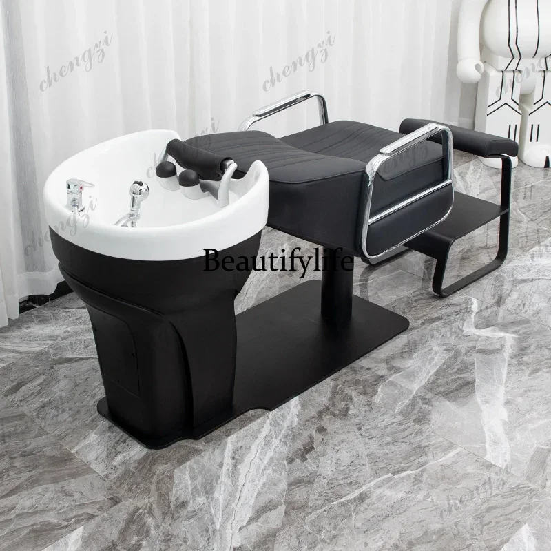 High-end massage shampoo bed, special stainless steel ceramic basin for hair salon, semi-reclining flush bed