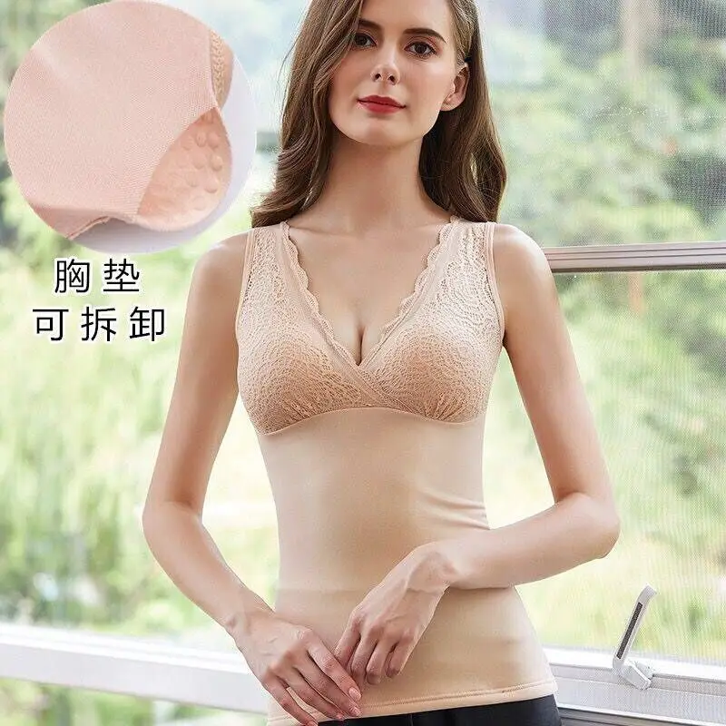 Velvet Thermal Underwear Women,Double Layer Winter Warm Vest Tops,Polyester Intimates Elastic V Neck Sexy Lace Thermal Shirts