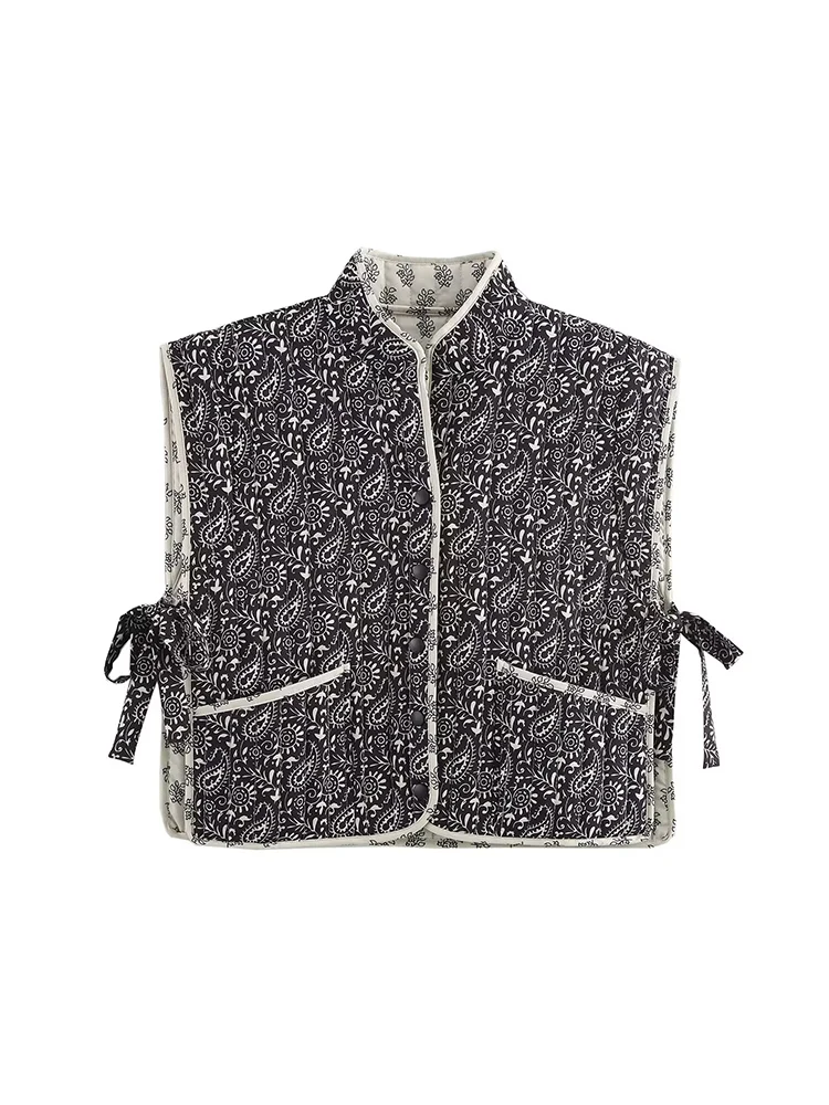 

European-style new women's fashion, versatile, elegant, simple round neck printed print cotton vest, reversible.