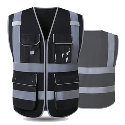 Black Reflective Safety Vest Multi-Functional Pockets Zipper Front Hi Vis Vest with Reflective Strips Meet ANSI/ISEA Standards