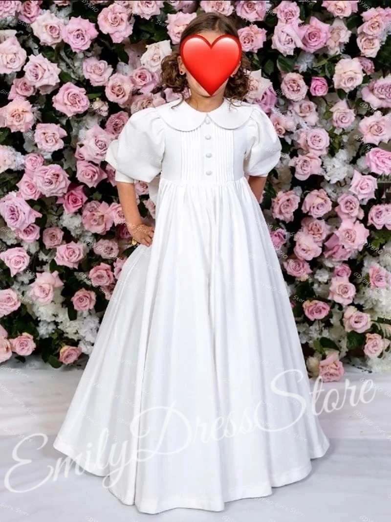 Customized White Flower Girl Dress For Wedding Doll Collar Puffy High Waist Pleated Baby Kids Baby Birthday First Communion Gown image 5