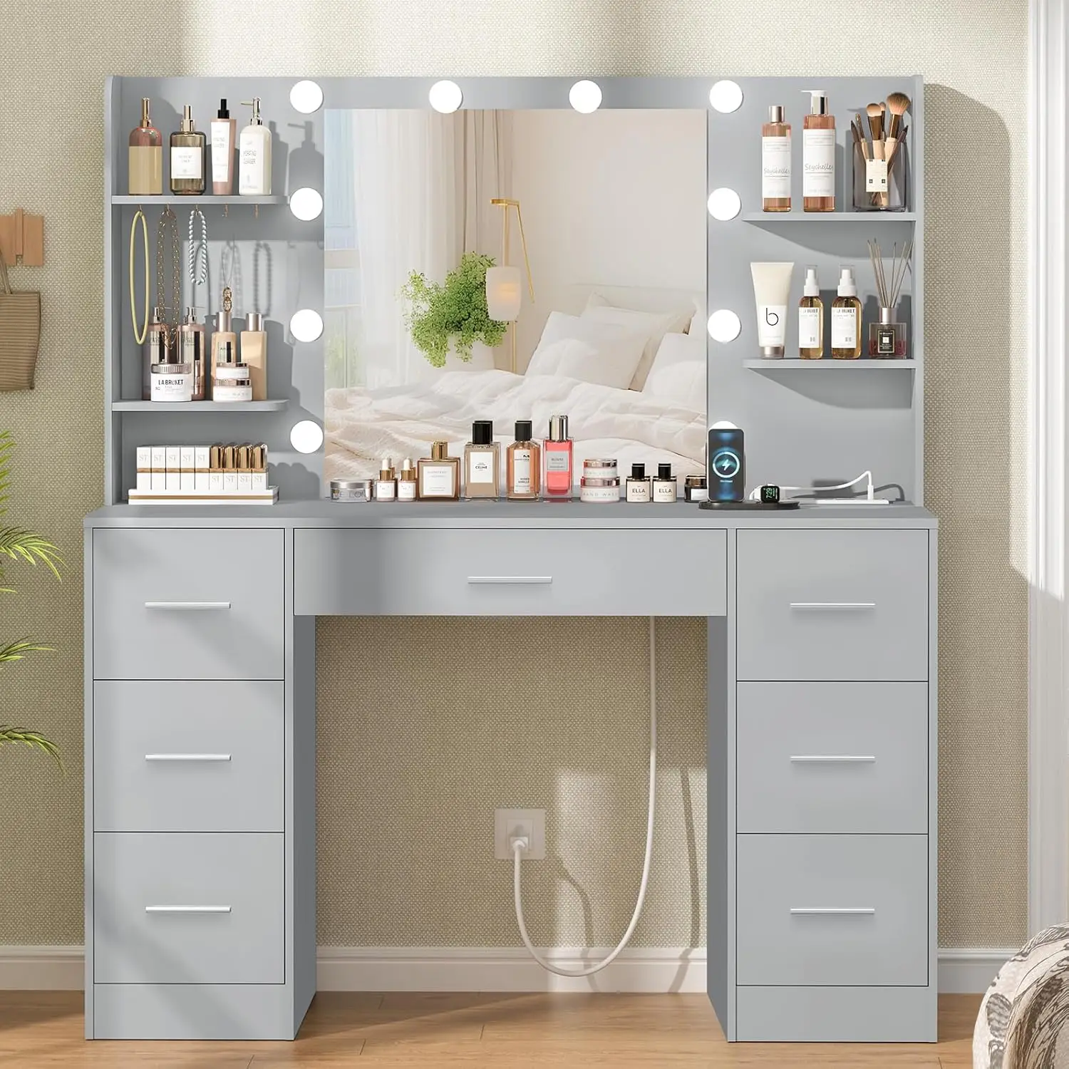 Quimoo Large Vanity Desk with LED Lighted Mirror & Power Outlet,Makeup Vanity Table with 7 Drawers,4 Shelves and 5 Hooks, Grey