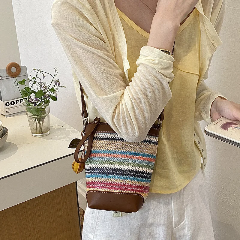 

Women's Woven Bucket Bag Crossbody Bohemian Faux Straw Colorblock Lightweight Beach Summer Vacation Travel