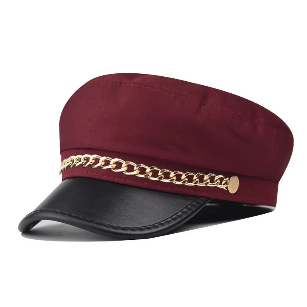 Classic Gold Chain Decor Newsboy Cap Short Brim PU Leather Beret Hat Casual All-Match Octagonal Hat Autumn Winter