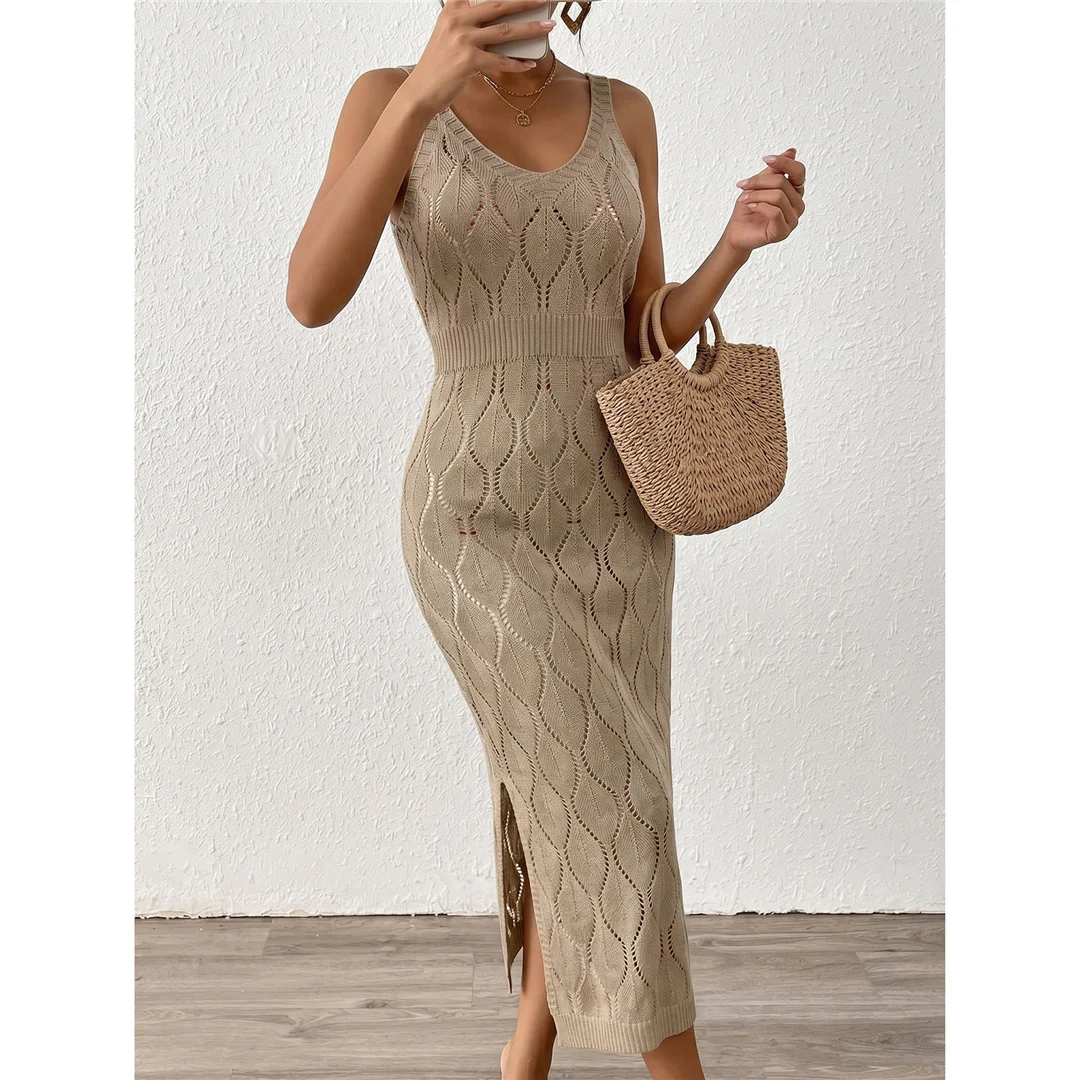 Einfarbige, ärmellose, ausgestellte, gehäkelte Tunika, Strandkleid, Strandmode, Damen V8299 – Detail 15