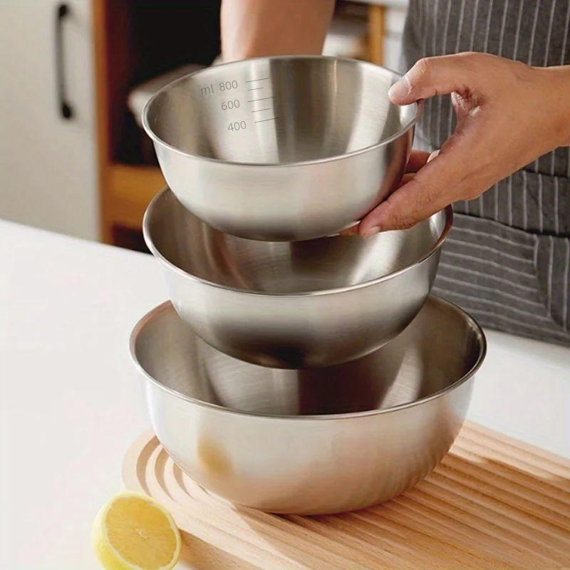 Set of 3 Stainless Steel Mixing Bowls with Measurements, Suitable for Home Use, Thickened for Mixing and Kneading,Ideal for Eggs image 4