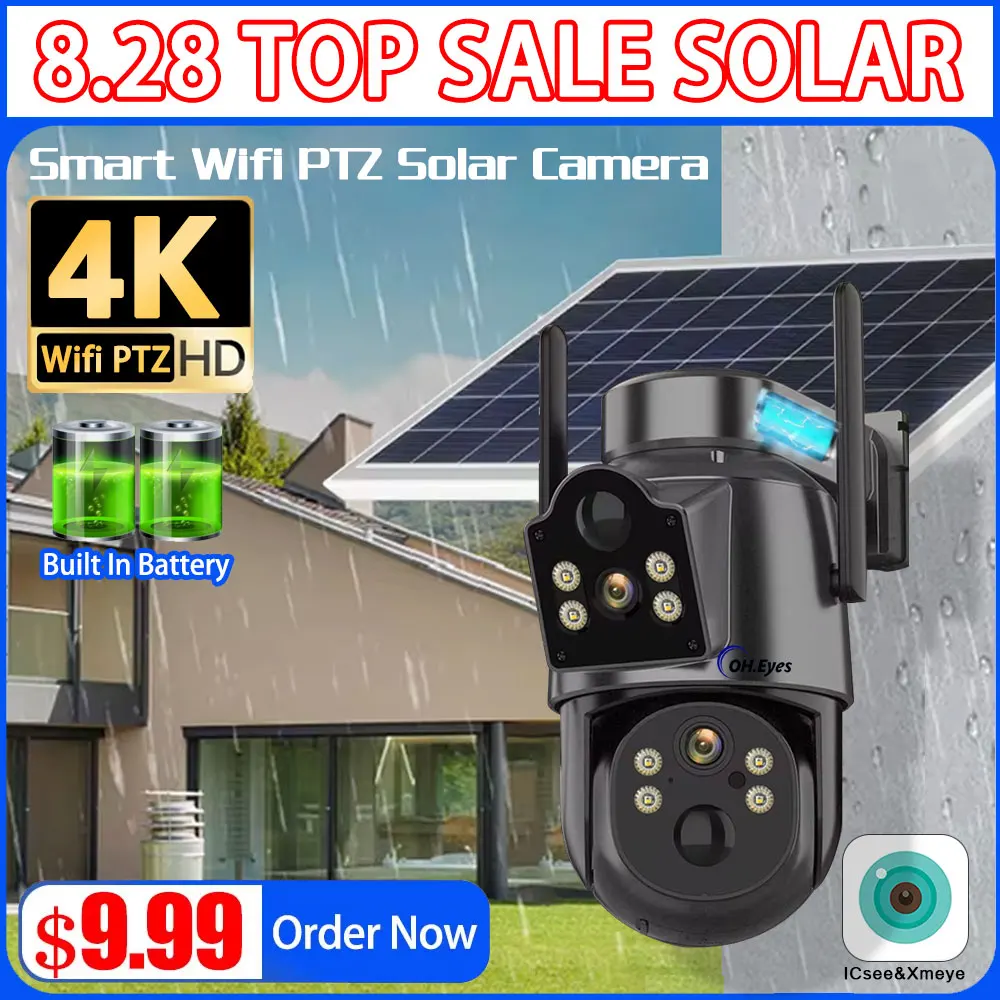 

4K Solar WiFi PTZ Outdoor Built-in Battery Dual Lens 8MP 2K Security Camera Solar Panel Wireless Video Surveillance CCTV iCSee