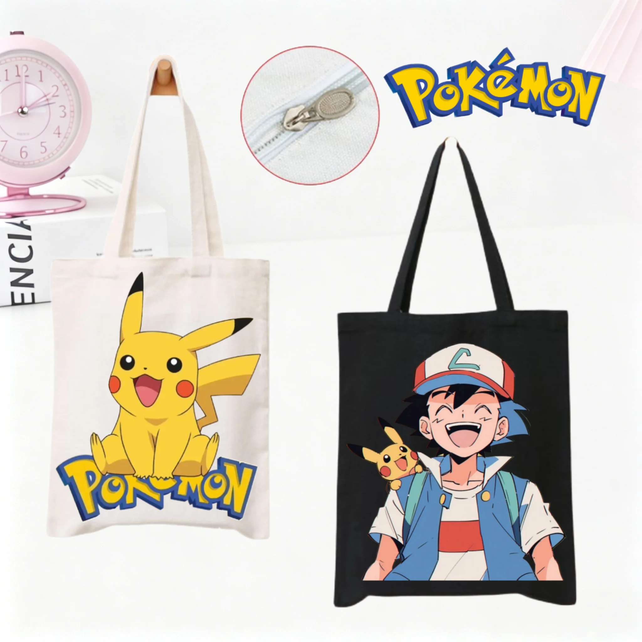 

Anime Pokemon Canvas Bags Cute Cartoon Figures Print Shoulder Bag Large Capacity Leisure Fashion Portable Shopping Bag Tote Bag