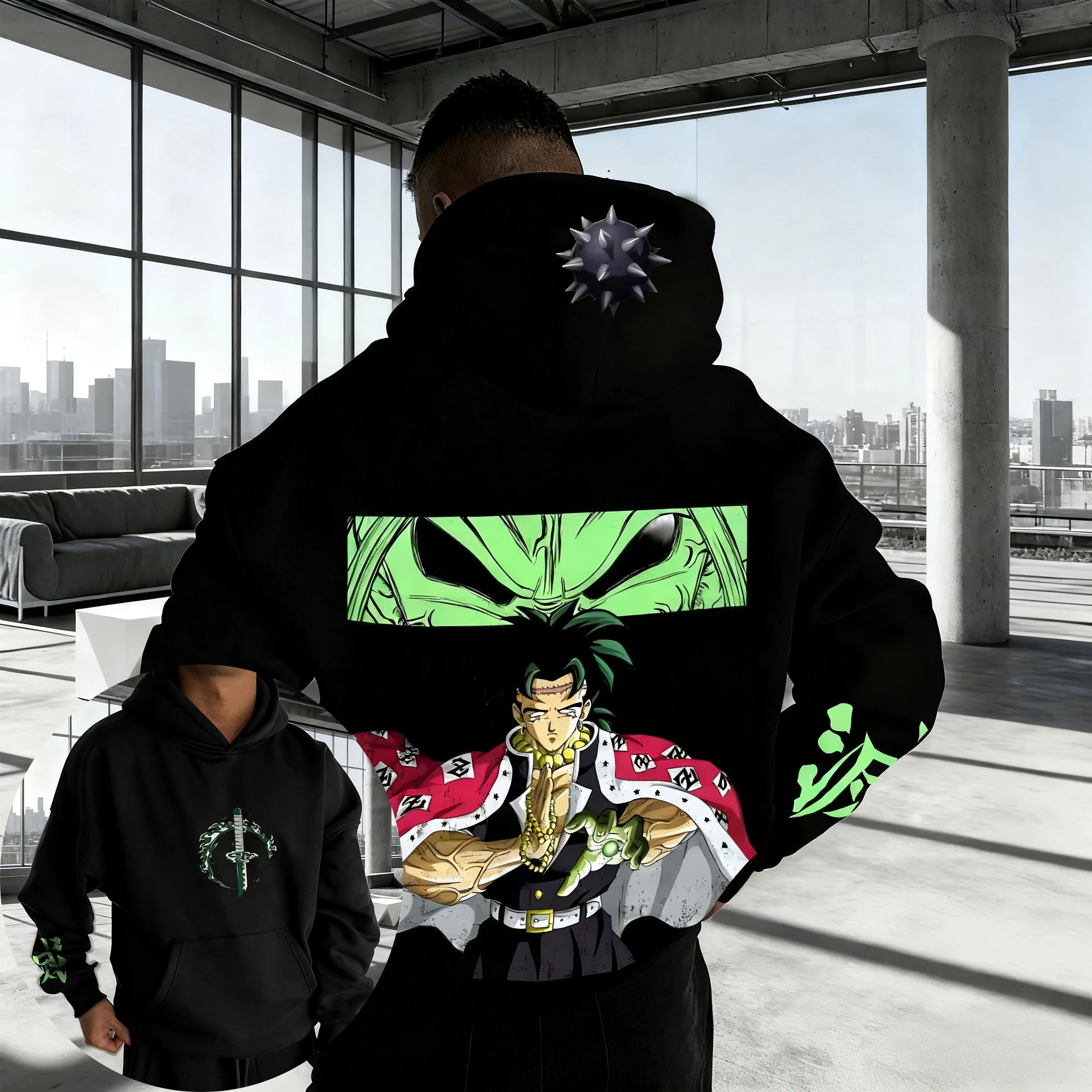 Sudadera con capucha Demon Slayer para hombre, Otoño/Invierno, novedad de 2026, Himejima Gyomei, estampado de Anime, holgada, informal, Harajuku, Top grande para padres e hijos