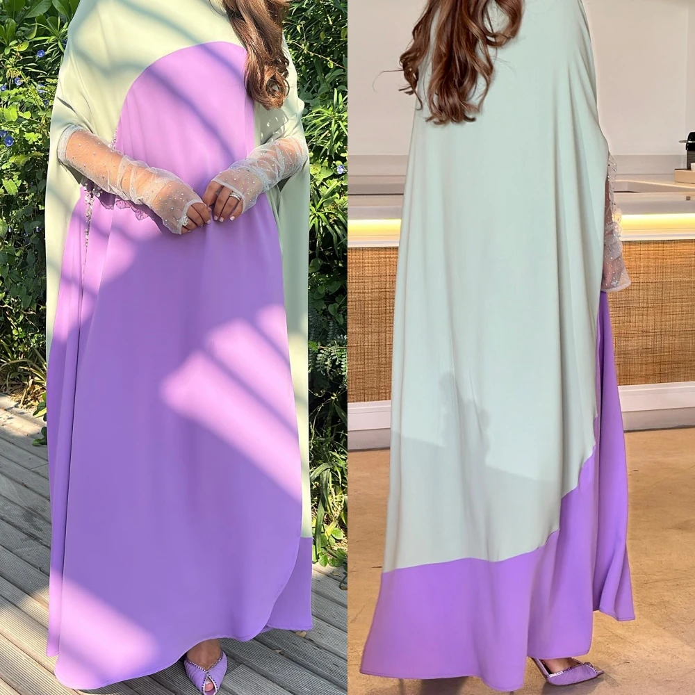 Vestido de baile de cetim com perolização, manga comprida, estilo V, com uma linha, redondo-colar, para a praia, arábia saudita