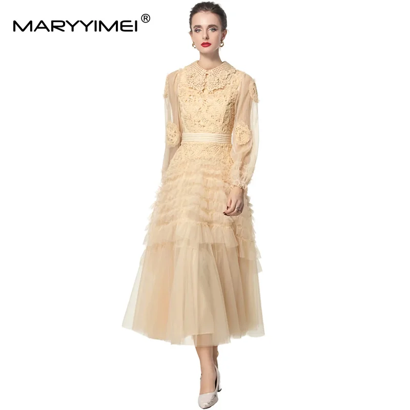 MARYYIMEI Soli Pilz Langarm Kleid Für Frauen Haken blume hohl Elegante Lange S-4XL Kleider Party Prom Kleidung