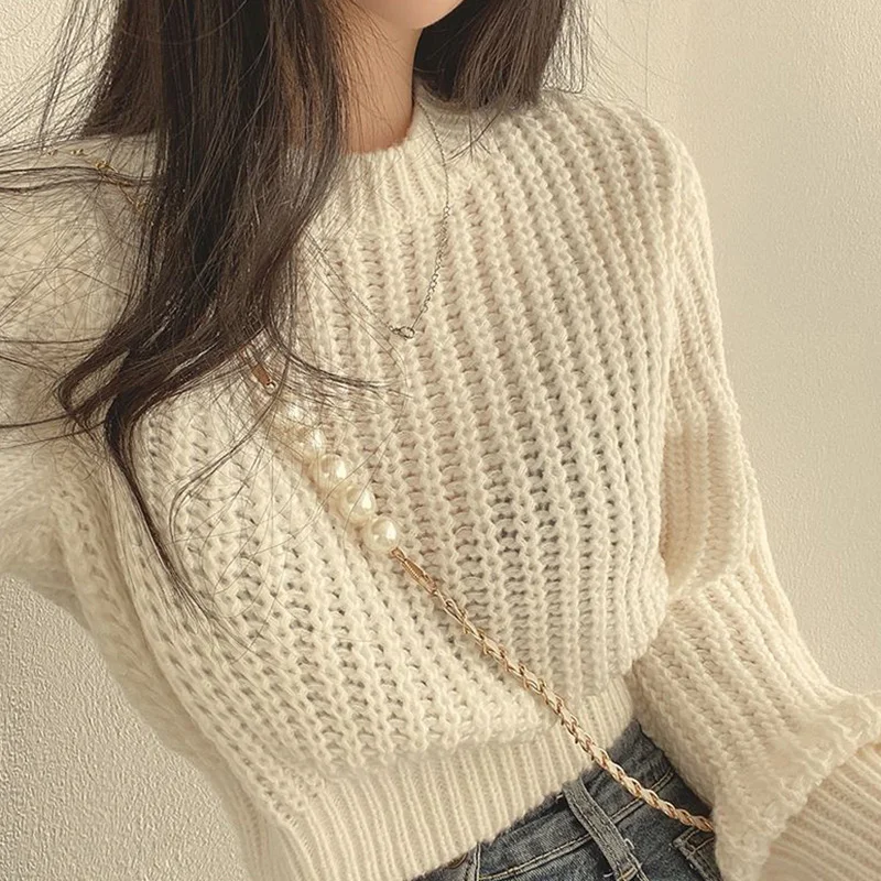 Rimcoy Korean Fashion Cropped Sweater Women 2024 New Round Neck Knitted Jumper Woman Soft Solid Color Long Sleeve Pullover Mujer