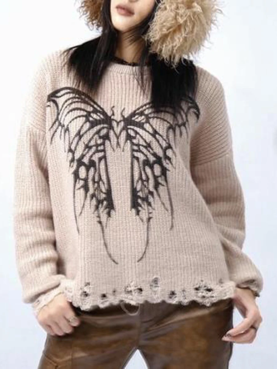 Women Knit Sweater Long Sleeve Crew Neck Butterfly Pullover Warm Sweater for Fall Winter